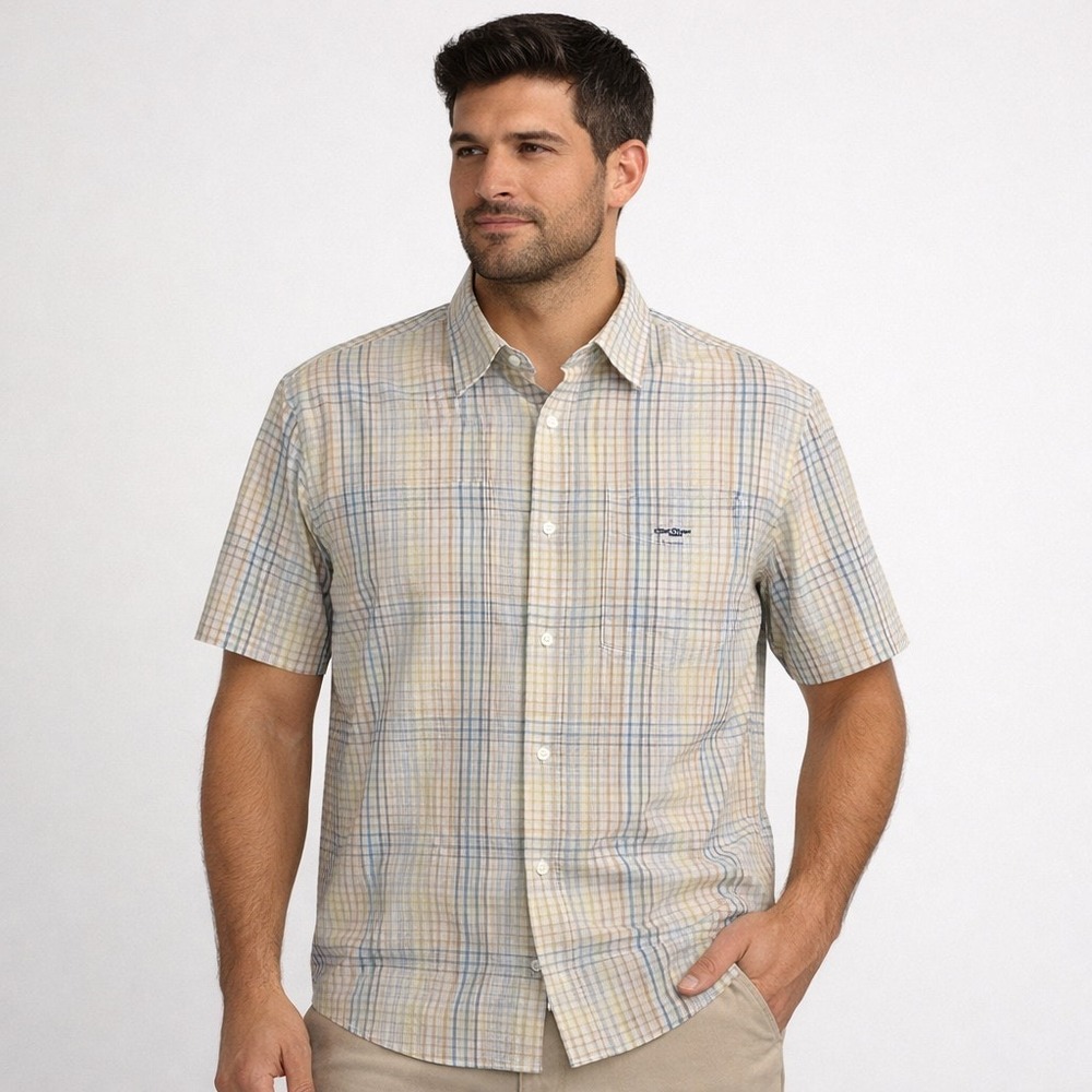 Giffini Men's Beige Yellow Blue Plaid Short Sleeve Button‑Down Shirt Large